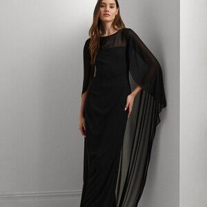 NWT LAUREN RALPH LAUREN Semisheer Capelet Georgette Gown Black 16